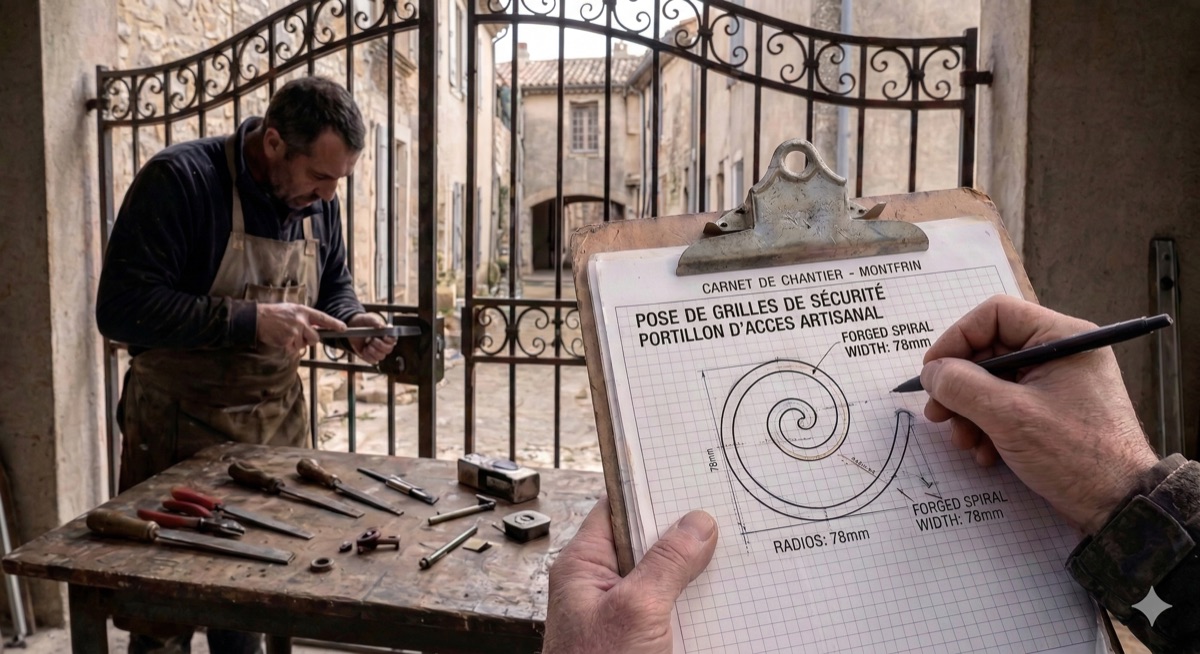 Serrurier dessinant un croquis de grille sur un carnet de chantier